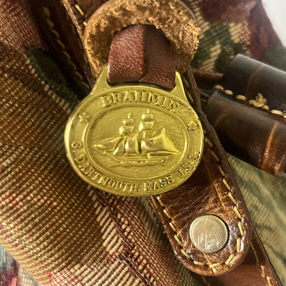 Vintage 90s Brahmin floral tapestry leather satchel bucket shoulder bag - Picture 2 of 16